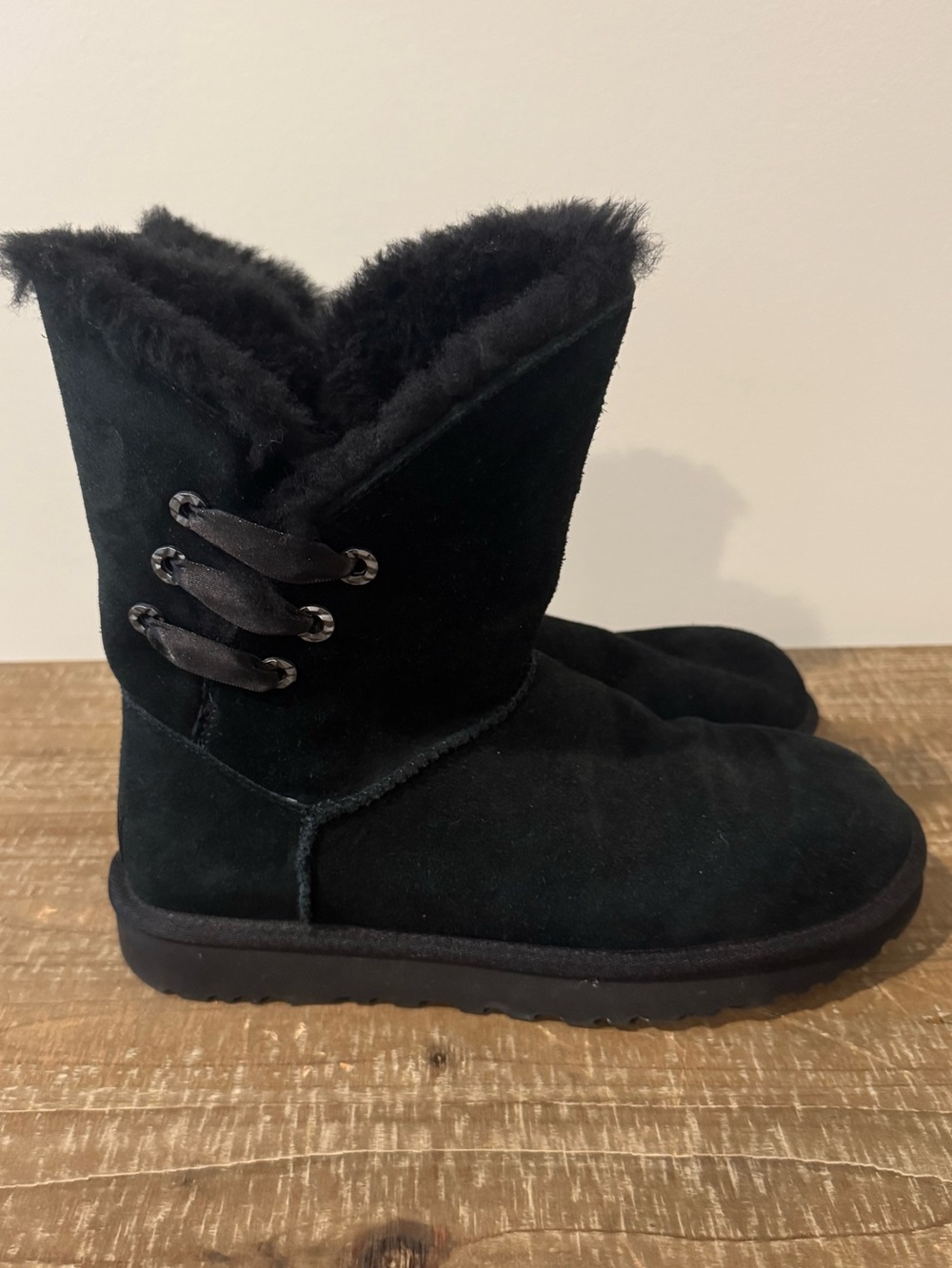 UGG Black Suede Fur Cuff Lace-Accent Short Boots